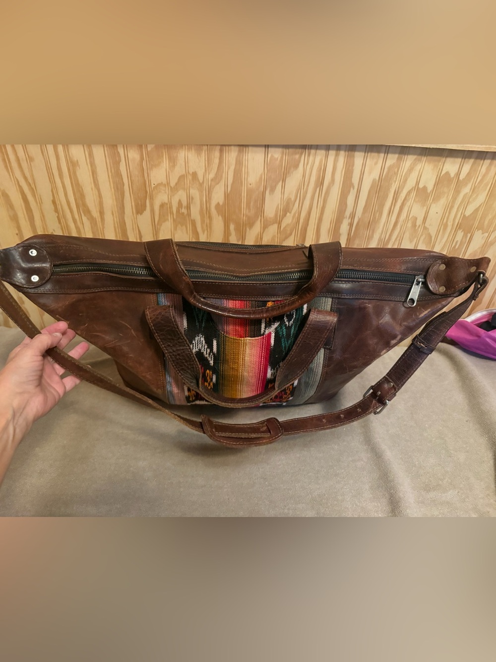 Nena & Co x Rocky Barnes Aztec Print Brown Leather Weekender Bag - Picture 10 of 14